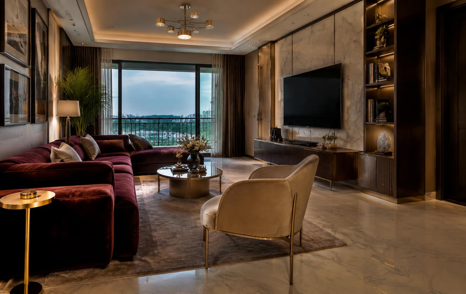 Luxury apartment living room with burgundy velvet sofa and marble floor