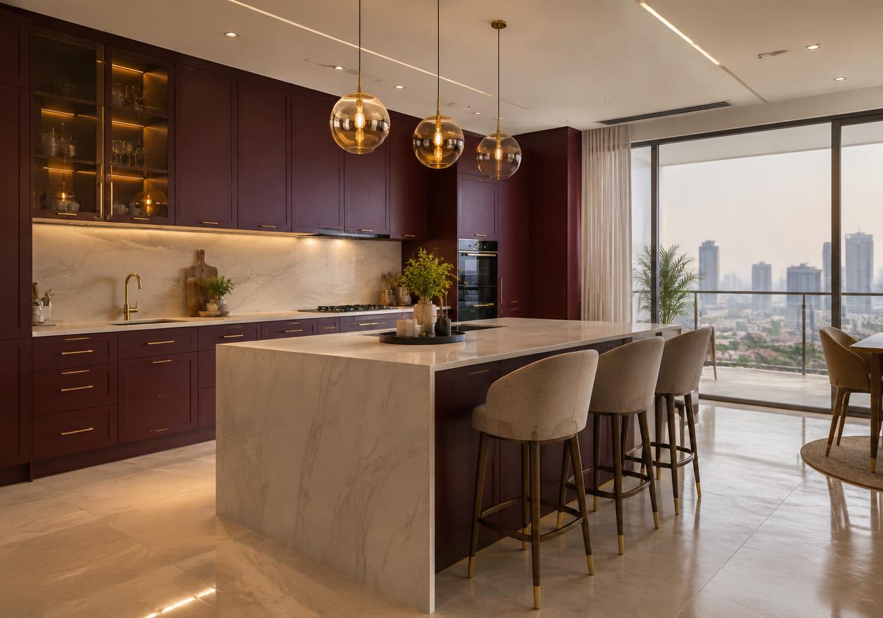 Premium modular kitchen with burgundy cabinets and quartz island