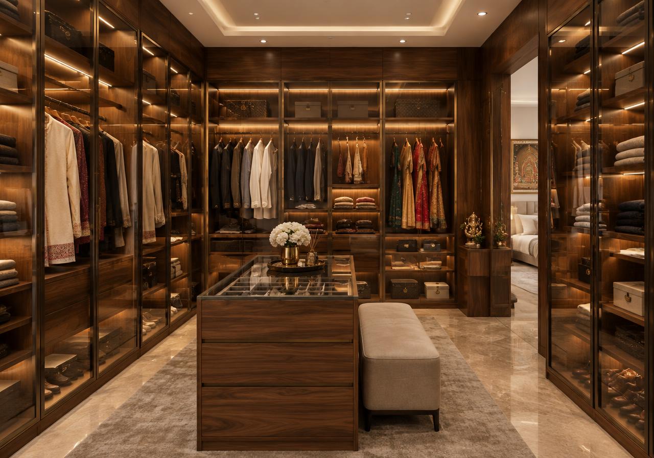 Walk-in wardrobe with glass shutters and warm internal lighting