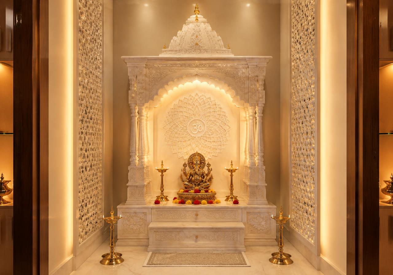 White marble pooja room with brass diyas and jali panels