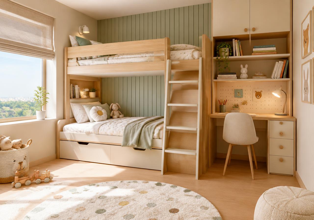Kids bedroom with bunk bed and built-in study desk