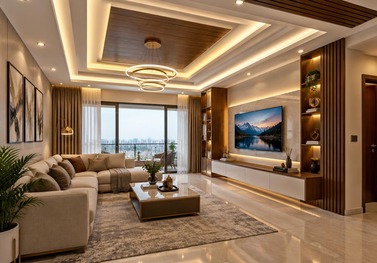 Living room with layered false ceiling and cove lighting