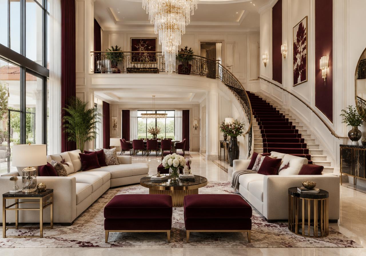 Double-height bungalow living room with grand staircase and chandelier