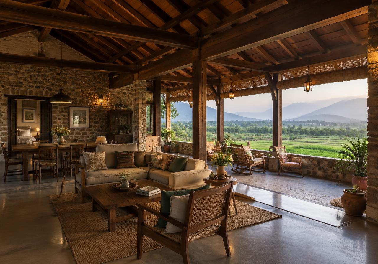 Rustic luxury farmhouse interior with wooden beams overlooking fields