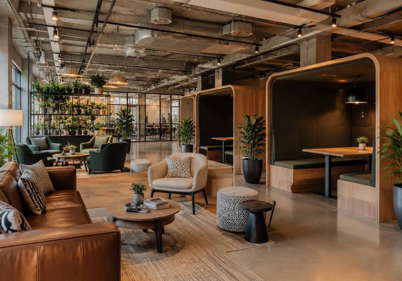 Co-working lounge with wooden pods and plants