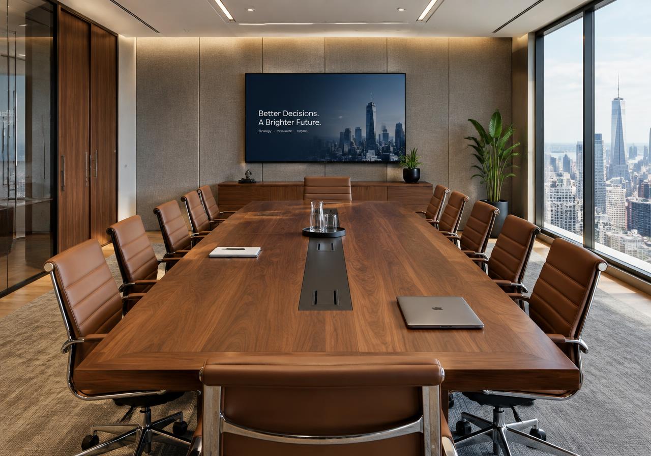 Executive boardroom with walnut table and acoustic wall panels