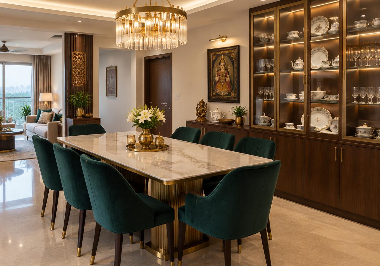 Dining room with marble table, velvet chairs and crockery unit