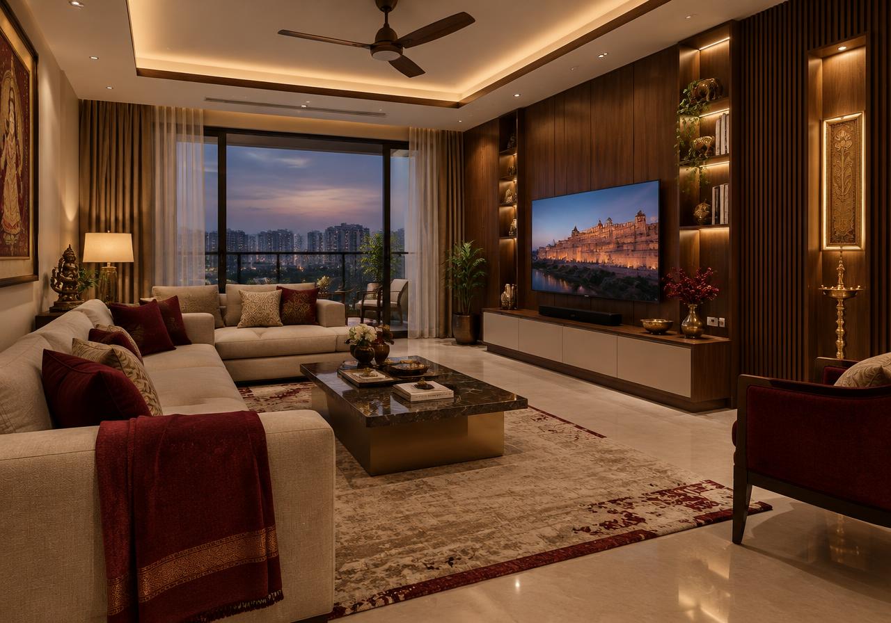 3BHK living room with wood panelling and burgundy accents