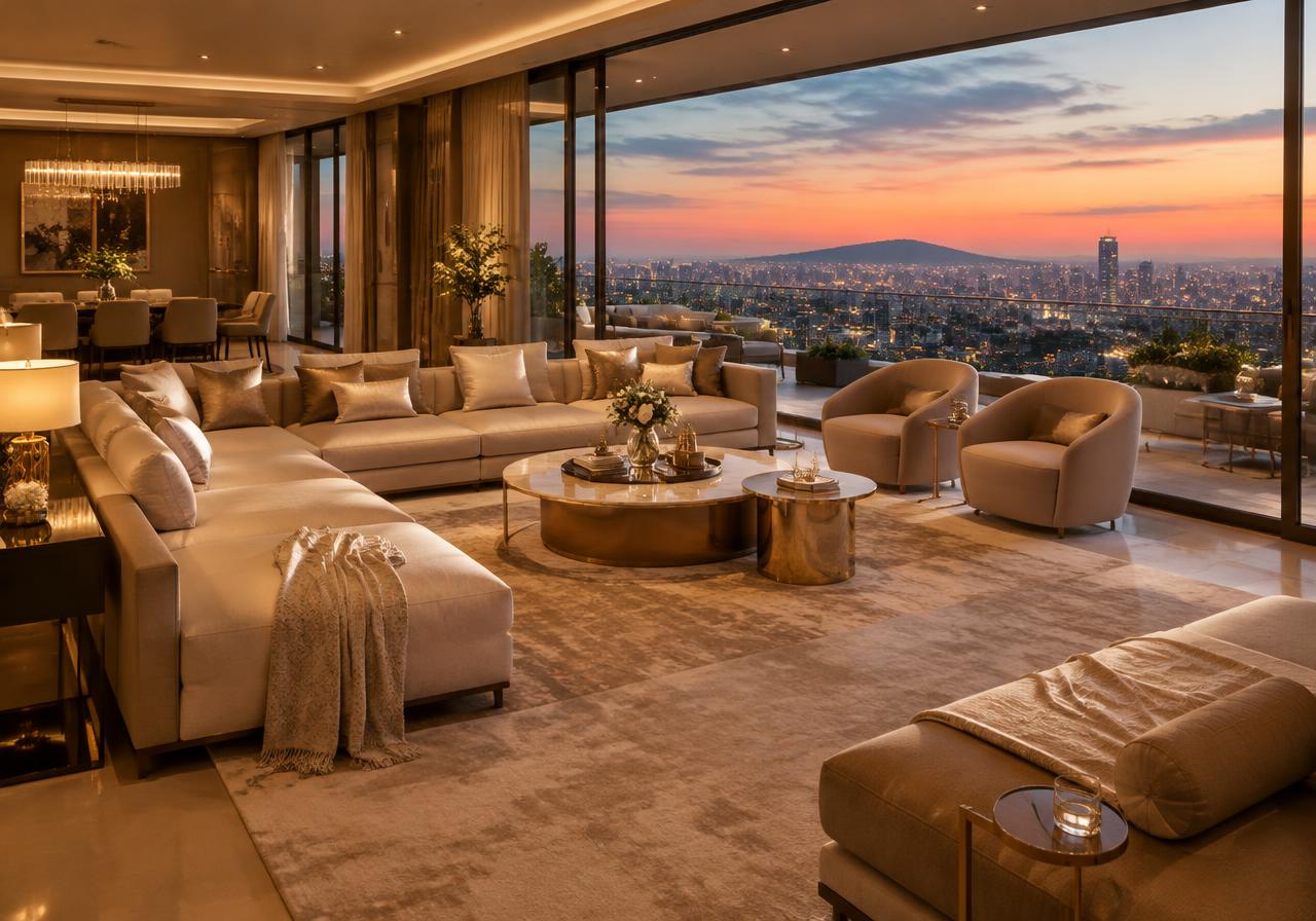 Penthouse lounge overlooking the Pune skyline at dusk