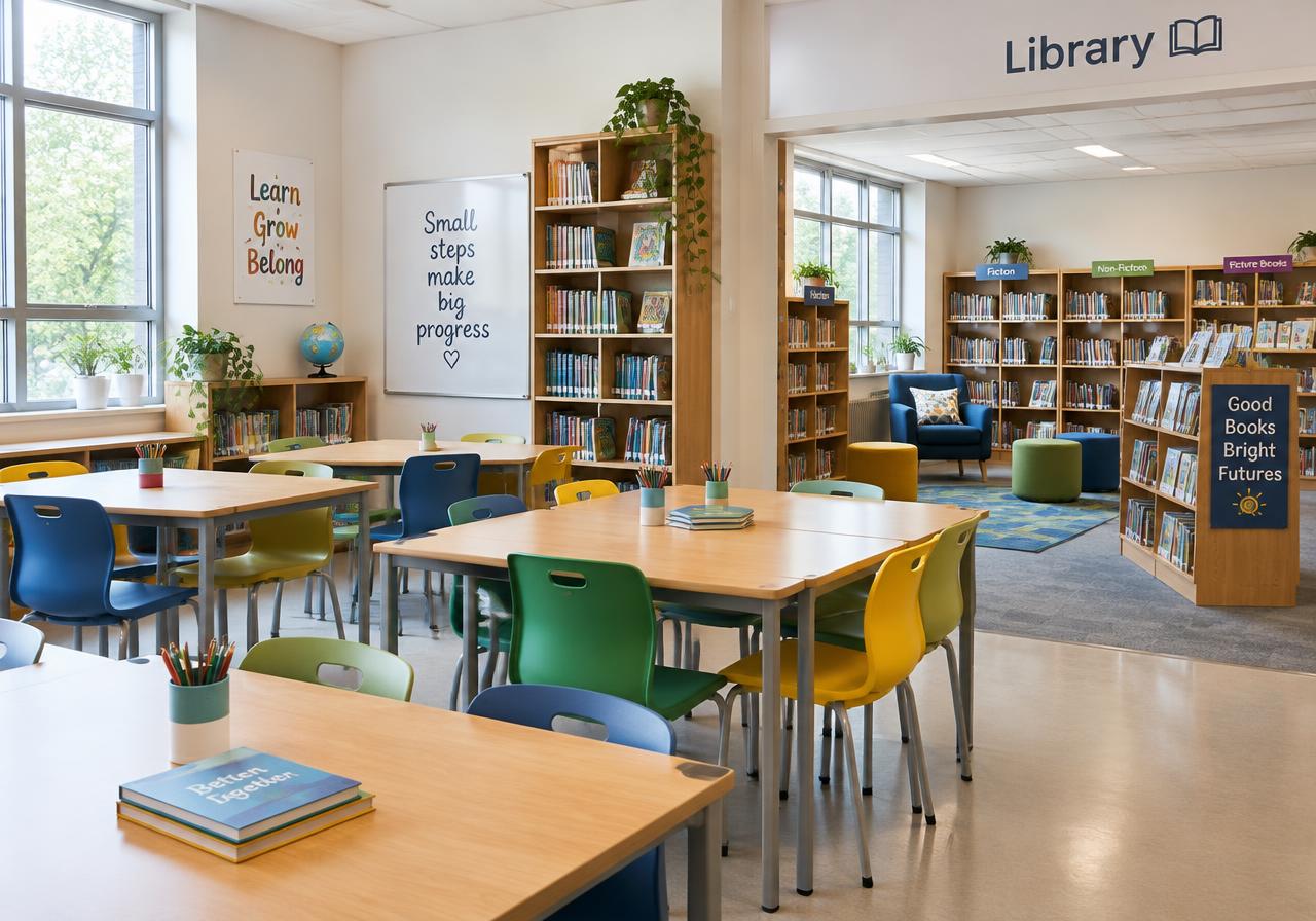 School classroom and library interior with wooden shelves