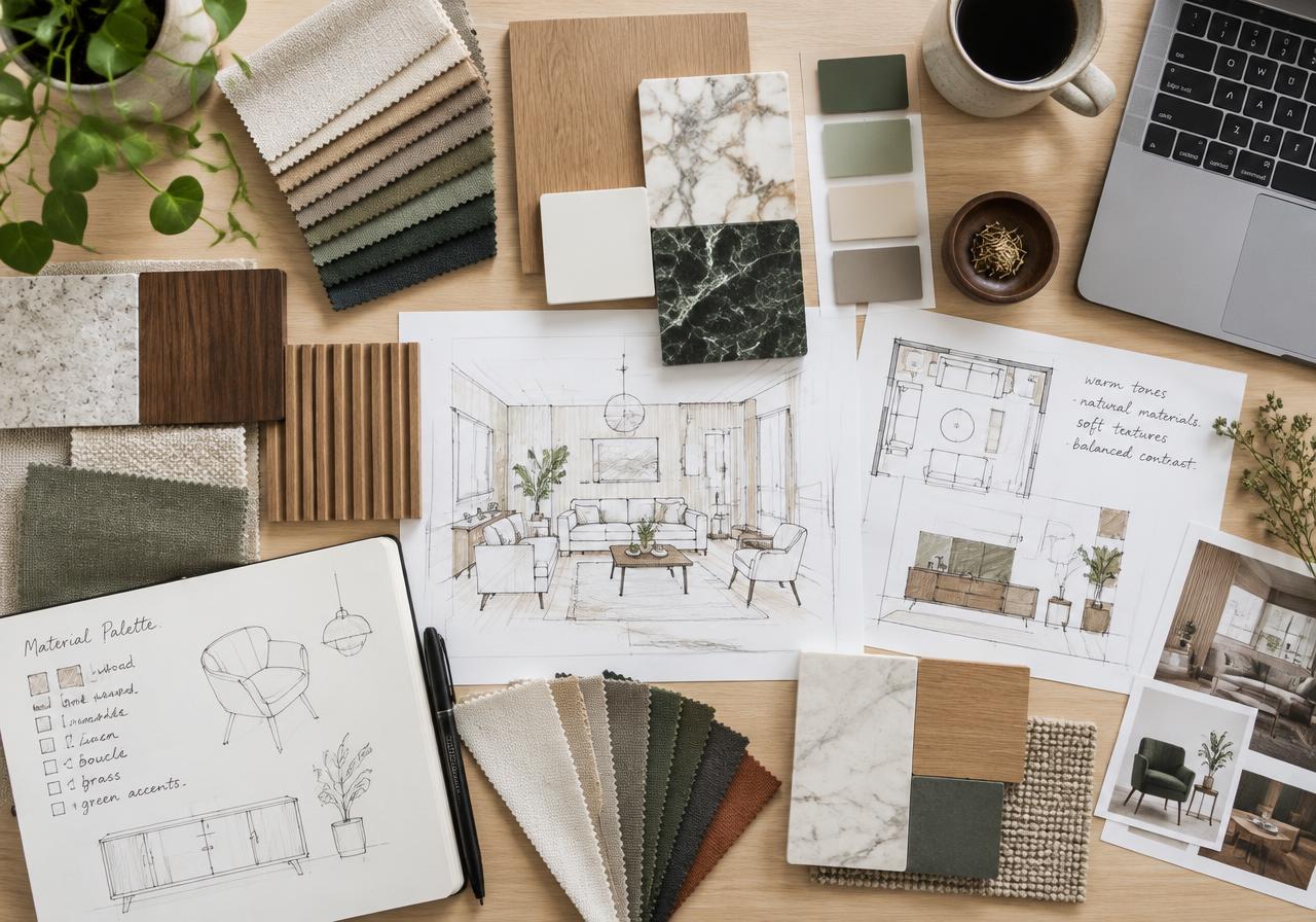 Interior designer desk with material samples and sketches