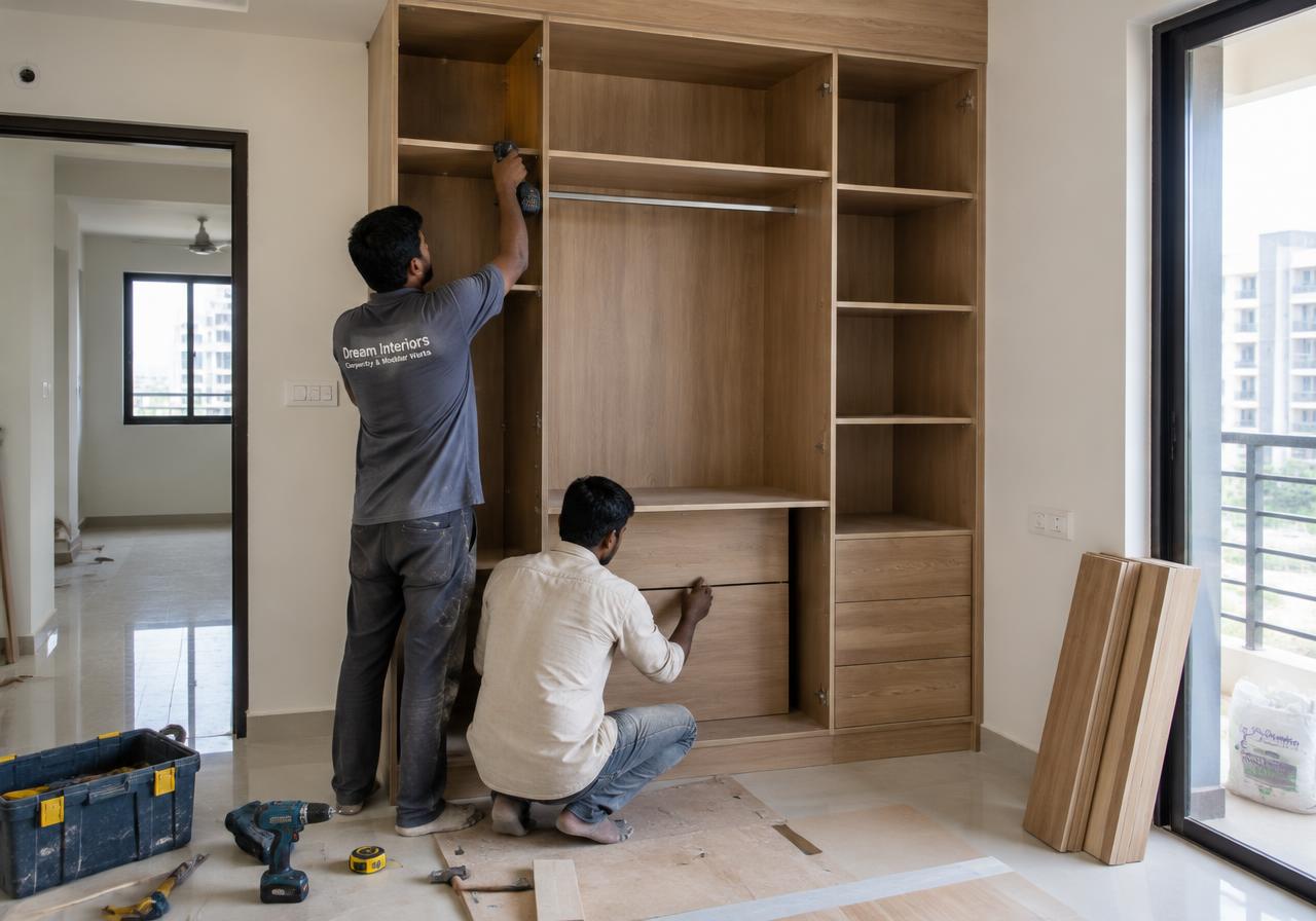 Carpenters installing a custom wardrobe during home renovation