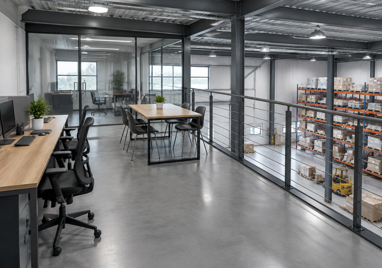 Warehouse office mezzanine with glass cabins