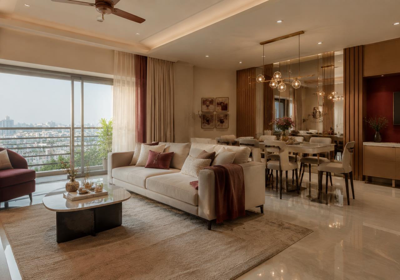 Warm 2BHK living and dining area with champagne sofa and burgundy accents