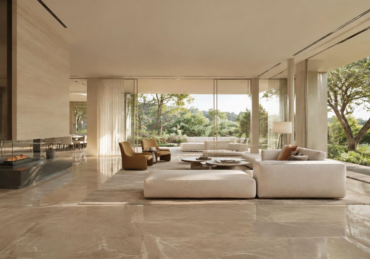 Modern villa lounge with floor-to-ceiling glass and travertine floor