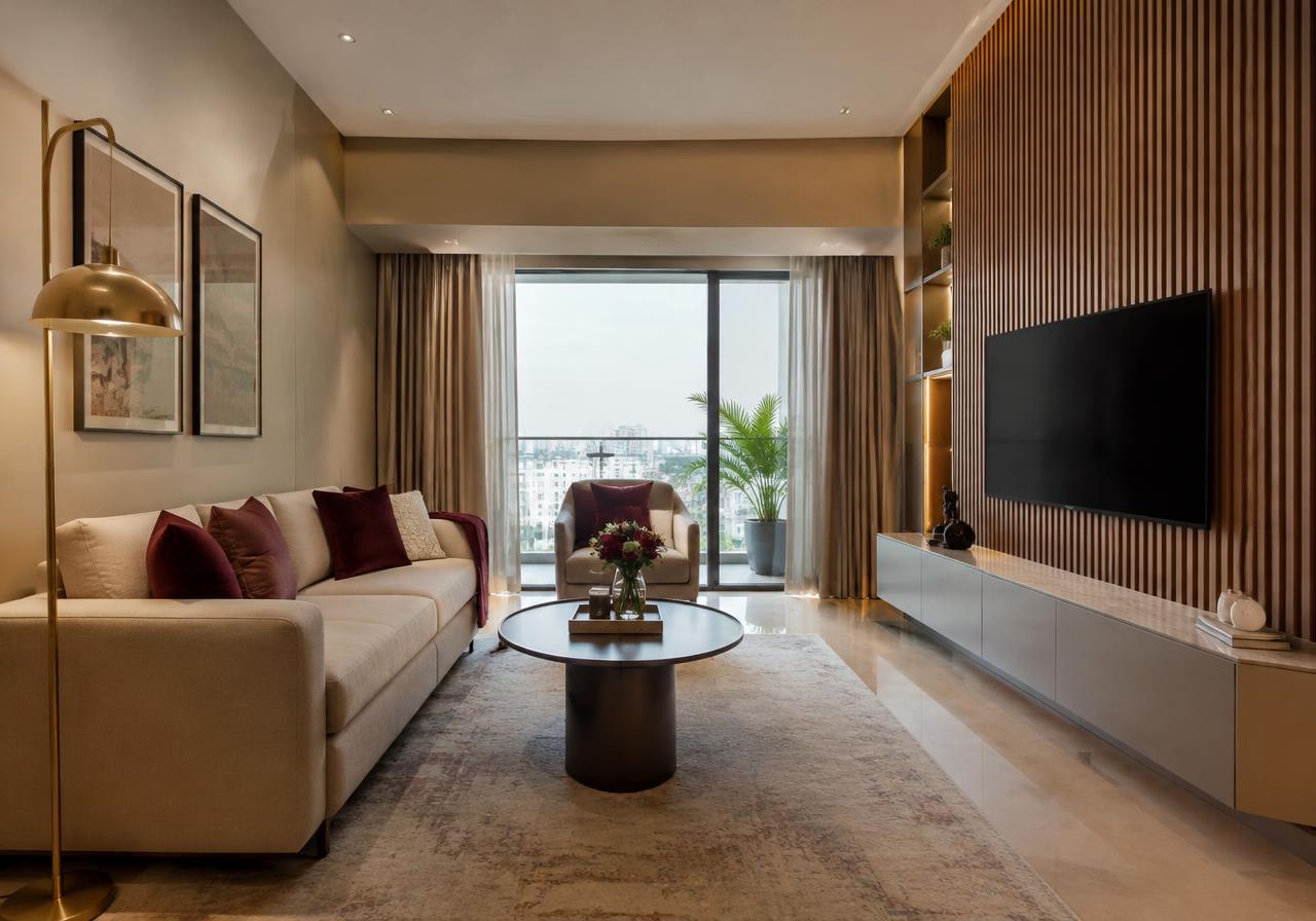 Living room with fluted wooden TV wall unit and brass floor lamp