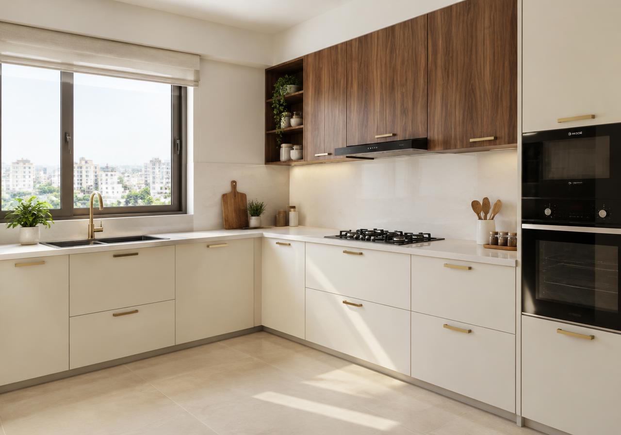 L-shaped modular kitchen in ivory and walnut with brass handles