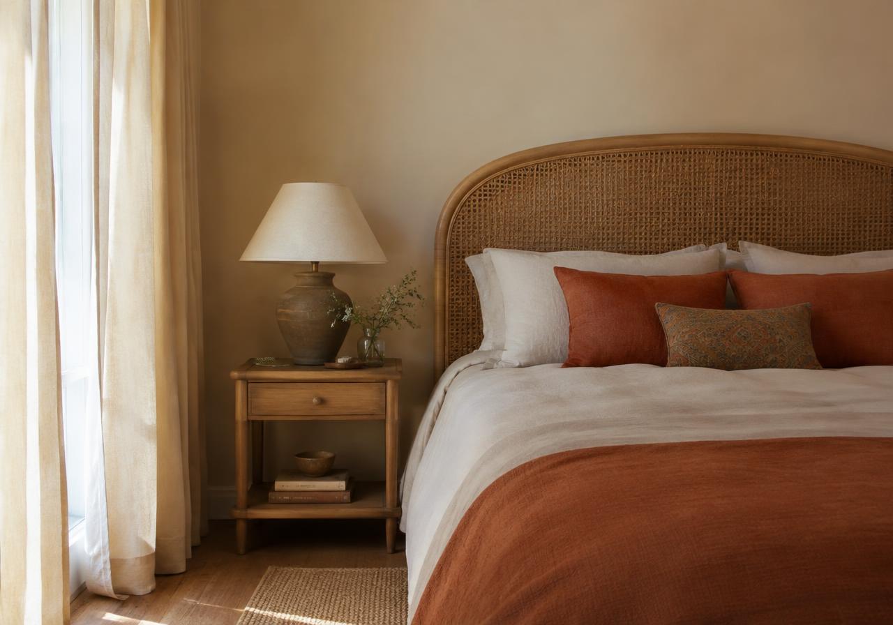 Guest bedroom with cane headboard and terracotta linen bedding