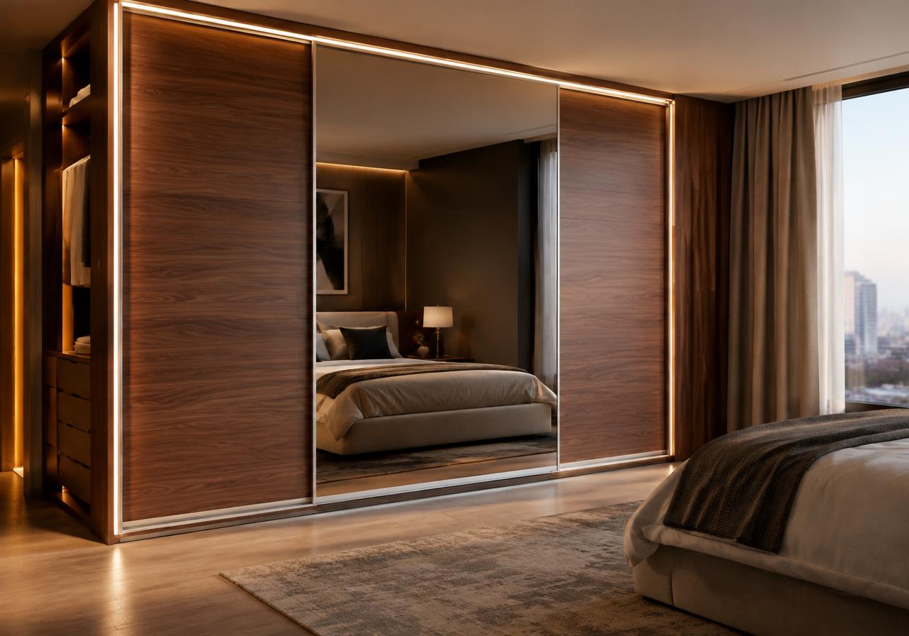 Sliding wardrobe with mirror and walnut panels and LED lighting