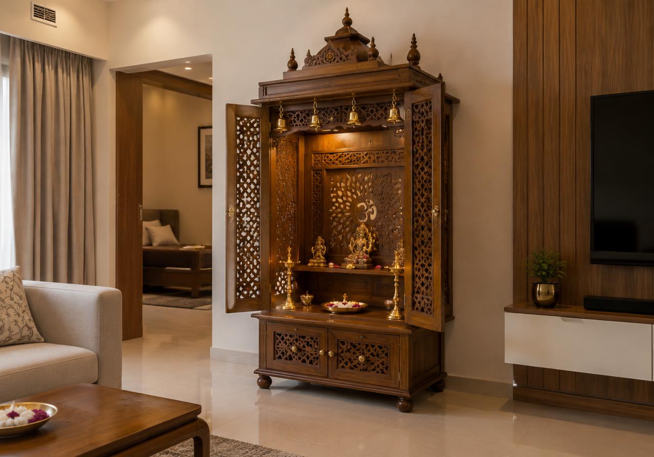 Carved wooden pooja mandir with jali doors and brass bells