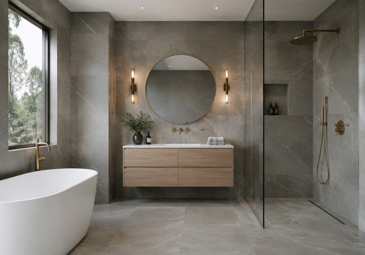Grey stone bathroom with floating vanity and walk-in shower
