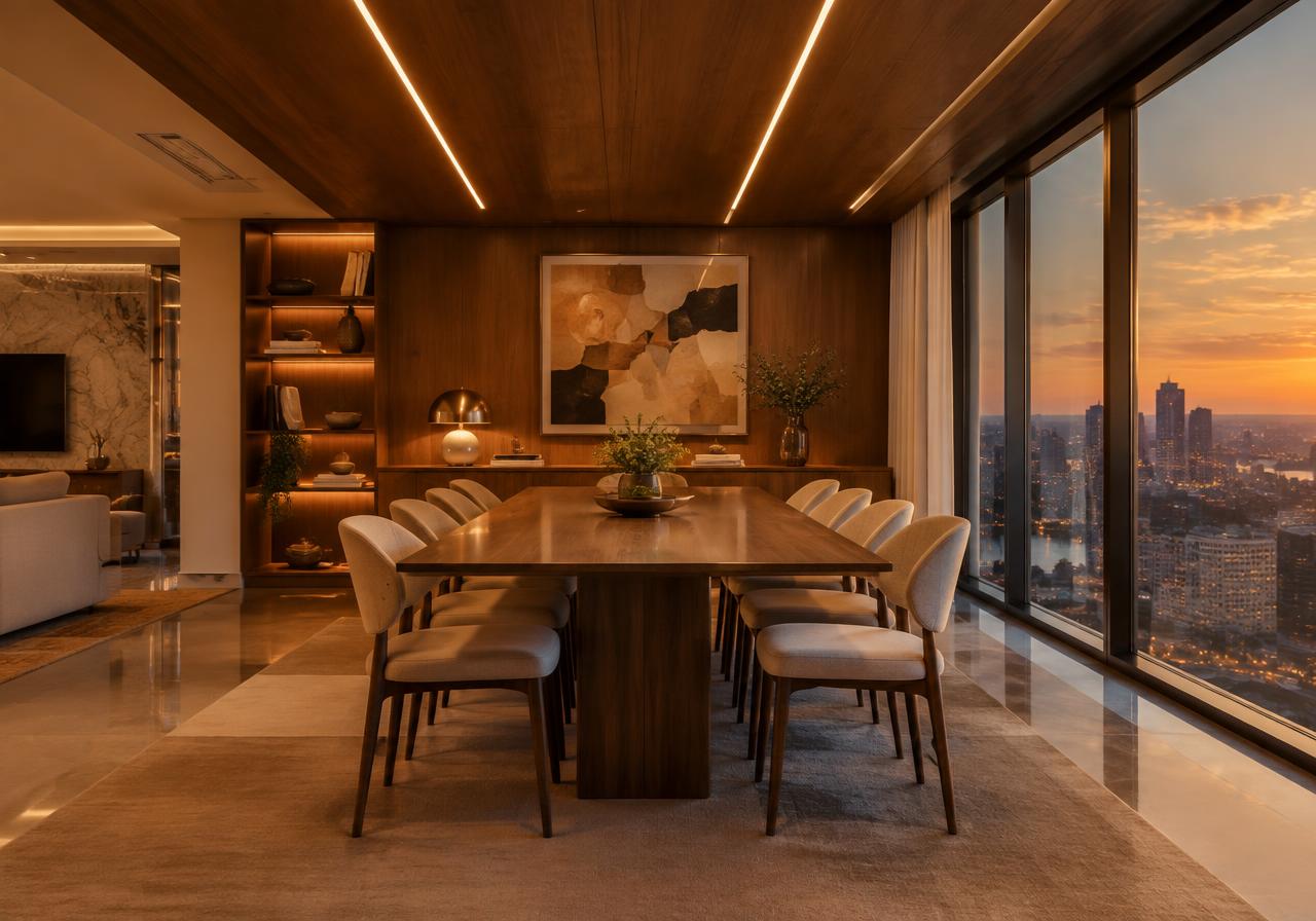 Wooden false ceiling with linear lights above a dining table