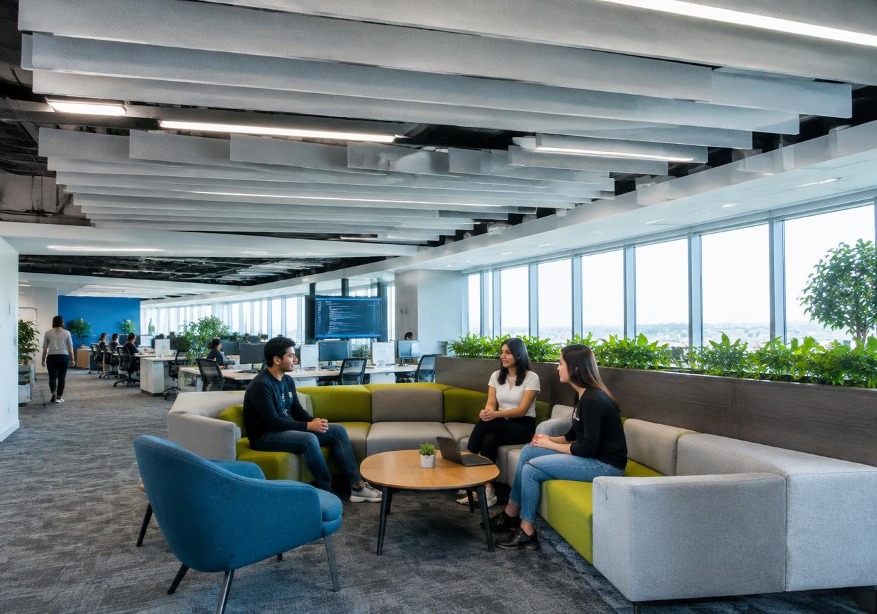 Open-plan IT office with collaboration lounge and acoustic baffles