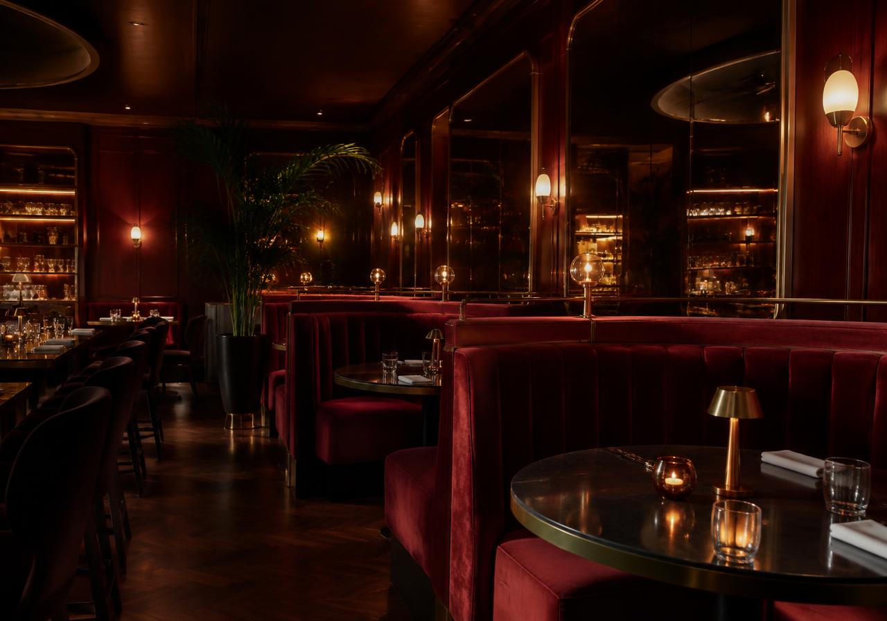 Fine-dining restaurant with burgundy velvet booths and brass lamps