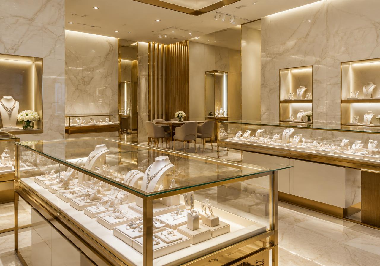 Luxury jewellery showroom with glass counters and gold accents