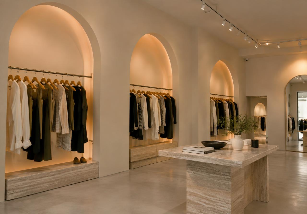 Boutique clothing store with arched niches and travertine plinth