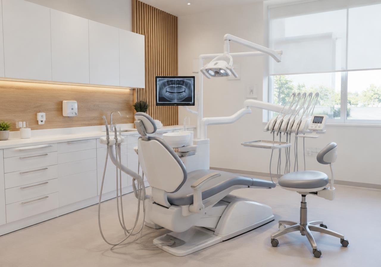 Modern dental clinic treatment room in white and wood