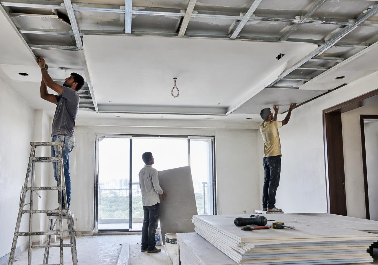 Gypsum false ceiling installation during apartment renovation