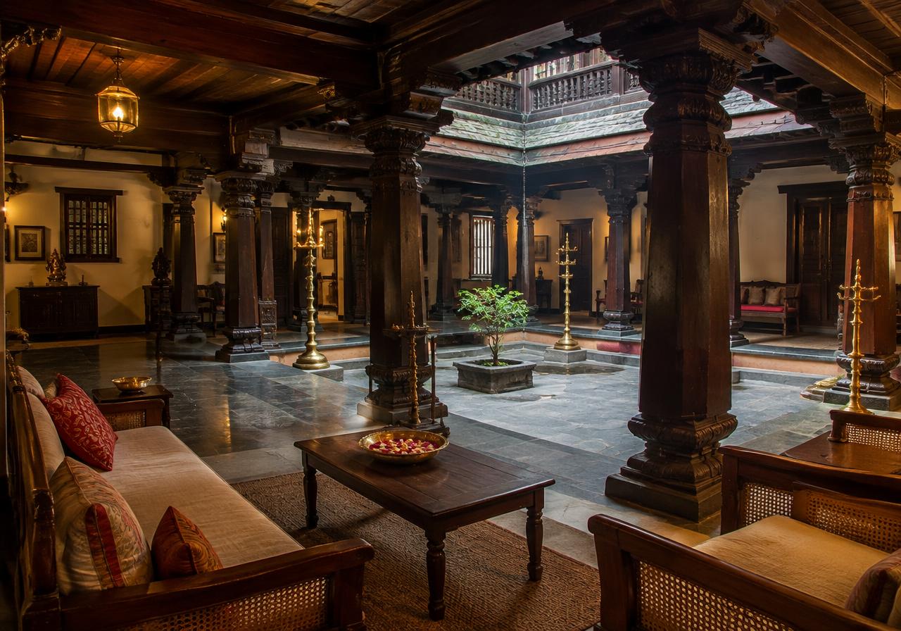 Heritage wada-style courtyard living room with carved wooden pillars